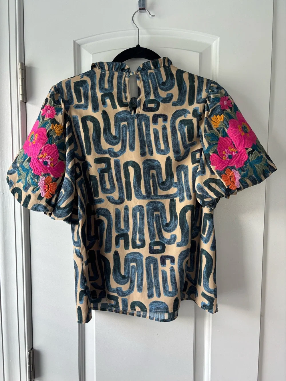 THML Beige Top with Navy Graphic Print and Pink Floral Sleeve Embroidery - Picture 2 of 5